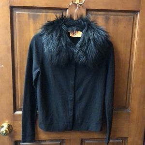 Tory Burch black cardigan w/ detachable fur collar